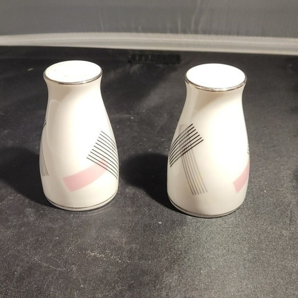 VTG00 Noritake Japan Salt & Pepper Shakers MCM Pink Gray Black Geometric